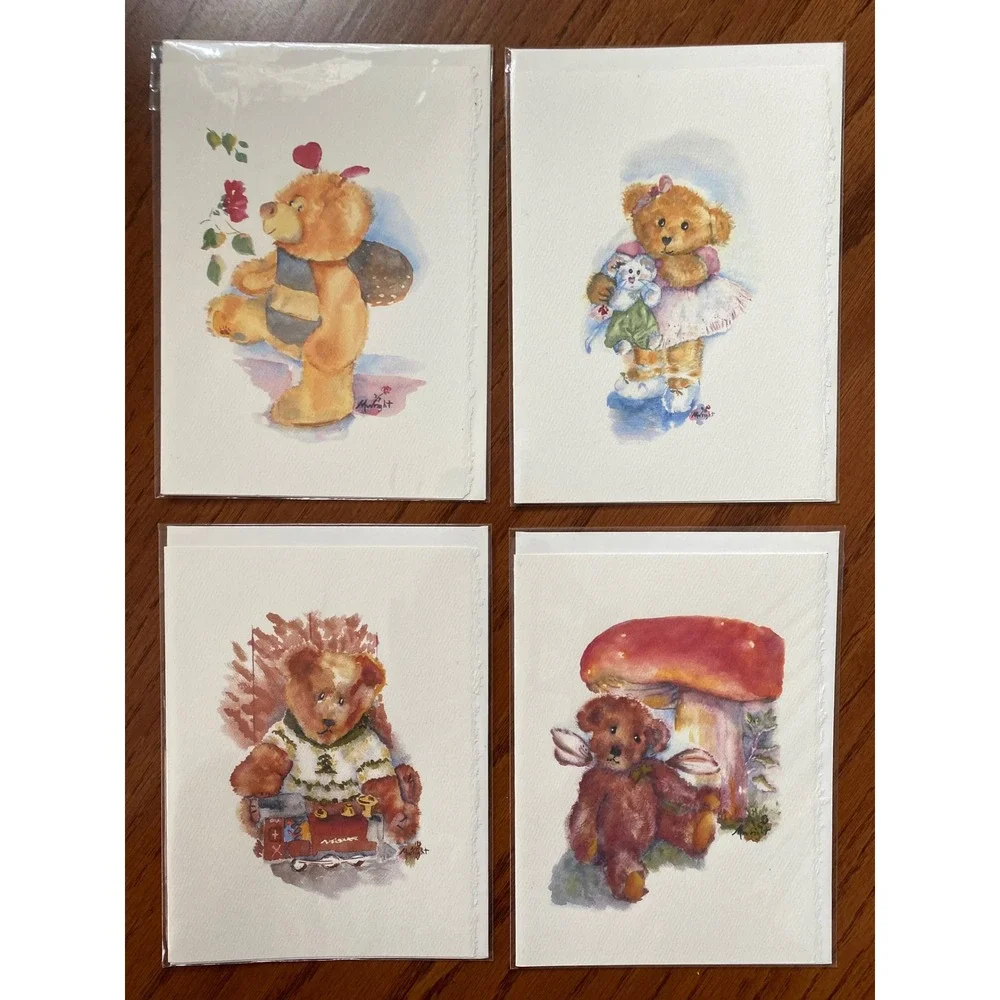 Watercolor Teddy Bear Greeting Cards Mary Rosalie Wright Set of 4 Whimsical Art